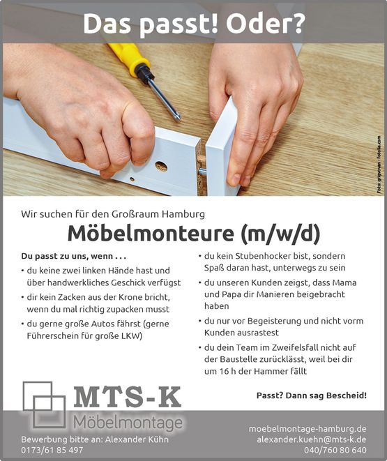 MTS-K Möbelmontage - Stellenanzeige Möbelmonteure